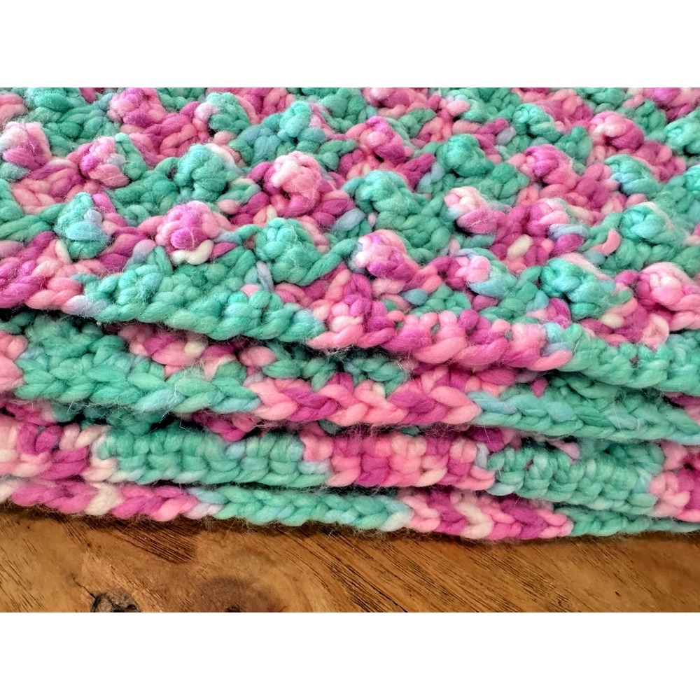 Handmade Chunky Crochet Blanket Pink Mint & Lavander Puff Stitch Throw 47x32 - Picture 6 of 7